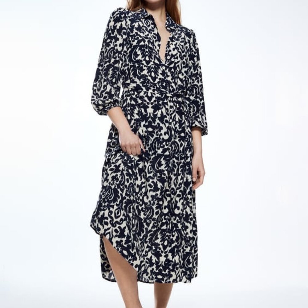 Zara Emilie Navy and Cream Patterned Dress Size XS